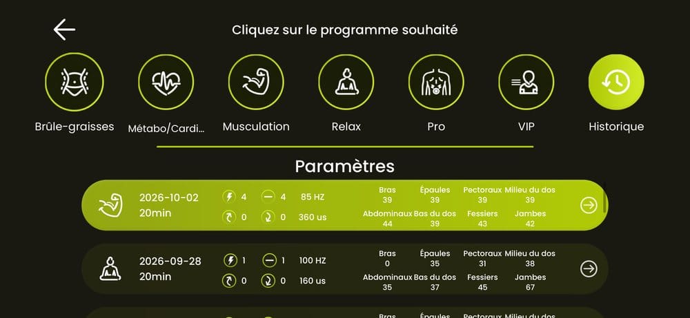 Écran : historique des séances