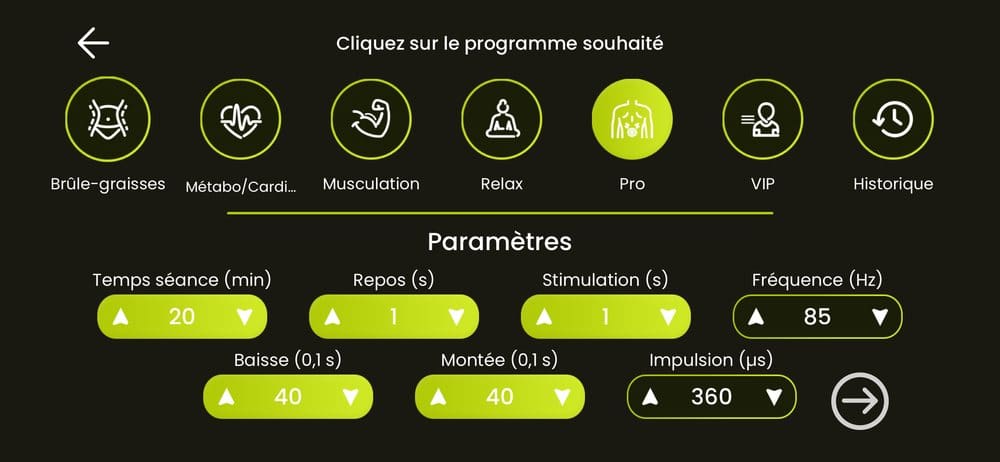 Écran : paramètres de la séance