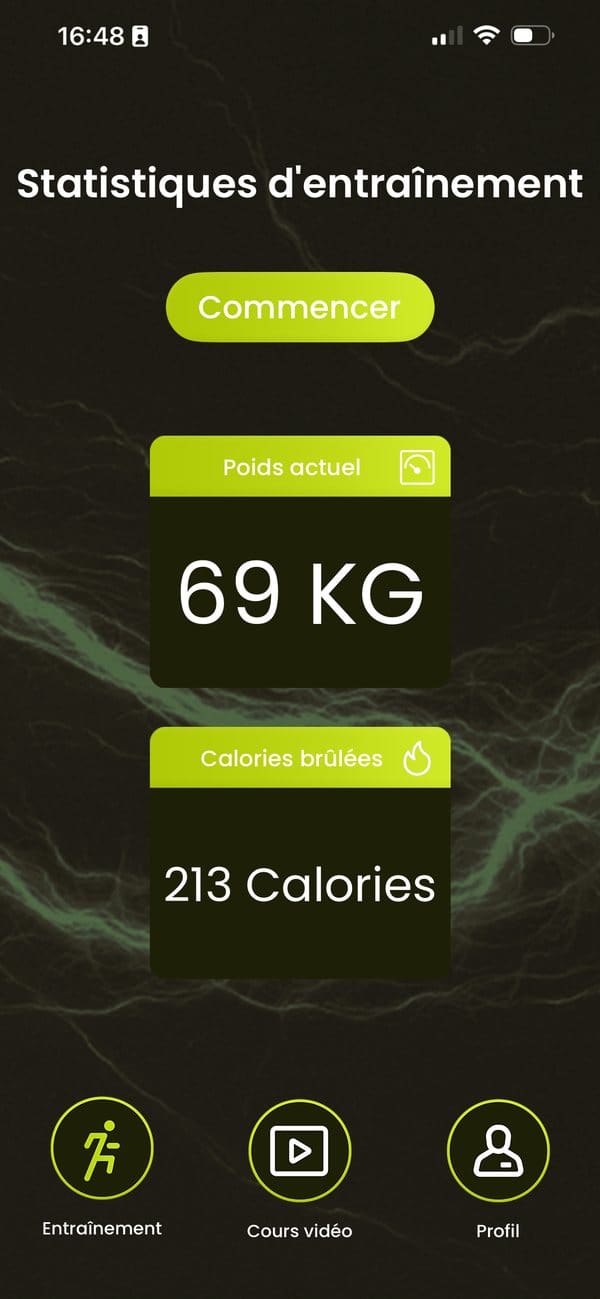 Écran Statistiques d'entraînement : poids et calories brûlées