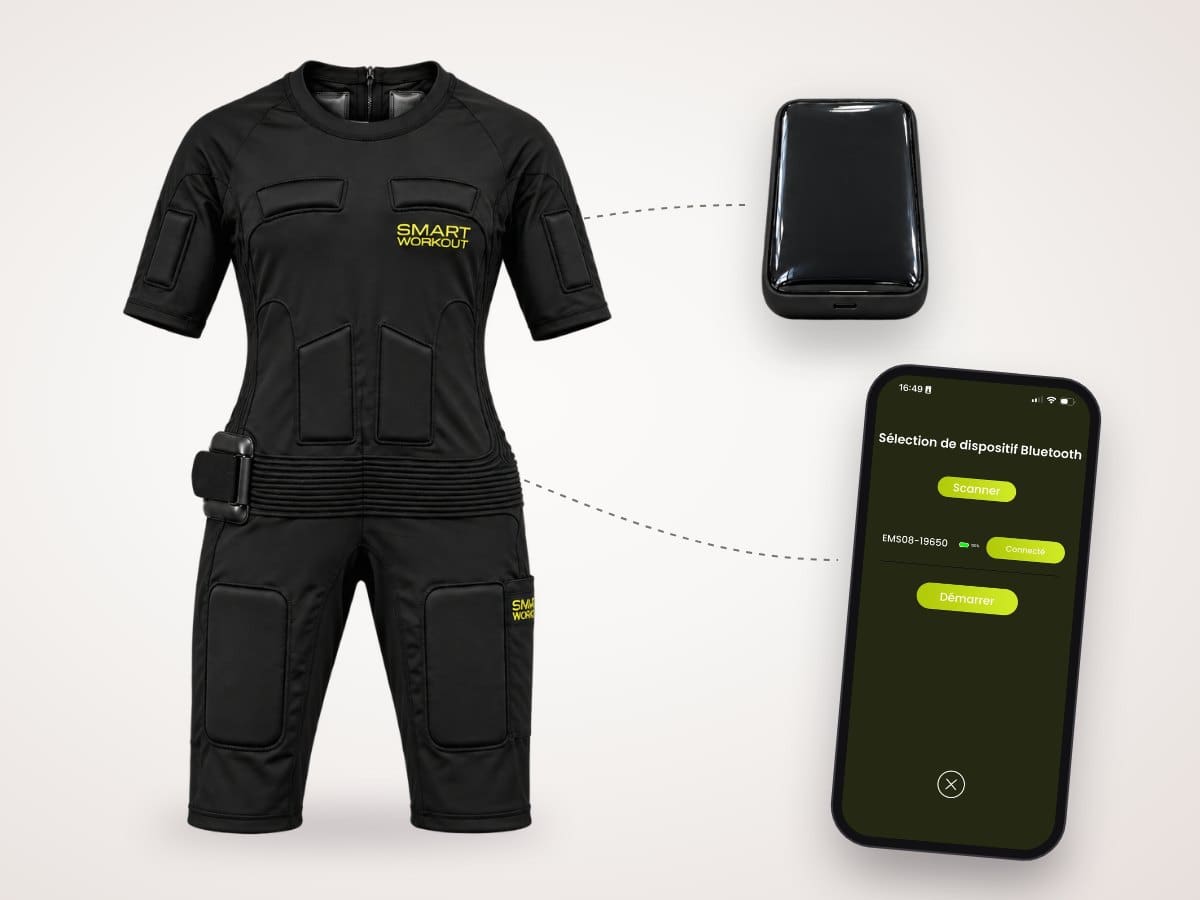 Le système MBB GO : combinaison à électrodes, module EMS et application connectée en Bluetooth